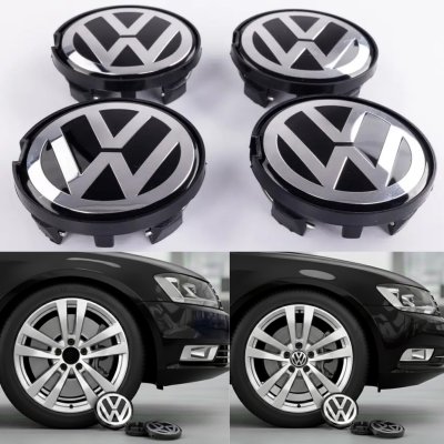 Ковпачки заглушки на литі диски VW Фольксваген 63 мм чорні, хром лого 7D0601165, 7M7601165 комплект