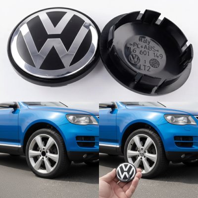 Ковпачок заглушка на литі диски VW Туарег Фольксваген 76 мм чорні, хром лого 7L6601149