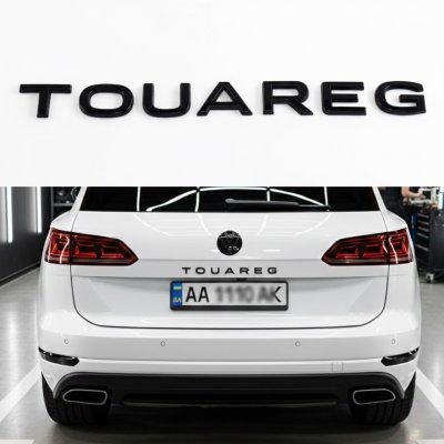 Емблема TOUAREG на багажник Volkswagen Туарег, чорна глянцева, 31х2 см, Антихром шильдик наклейка