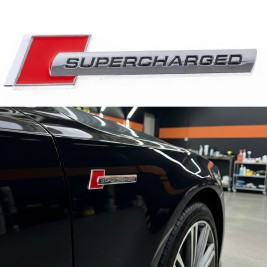 Емблема шильдик на крила, напис значок на крило Audi Ауді Supercharged Суперчарджед Червоний+хром пара 2шт