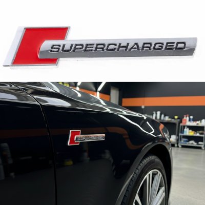 Емблема шильдик на крила, напис значок на крило Audi Ауді Supercharged Суперчарджед Червоний+хром пара 2шт