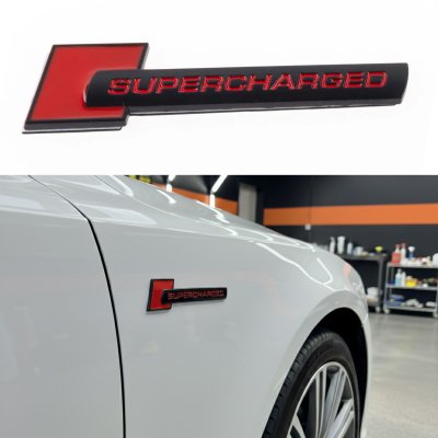 Емблема шильдик на крила, напис значок на крило Audi Ауді Supercharged Суперчарджед Чорний+червоний пара 2шт