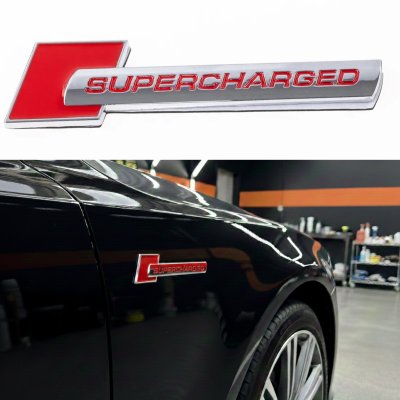 Емблема шильдик на крила, напис значок на крило Audi Ауді Supercharged Суперчарджед Червоний+хром пара 2шт