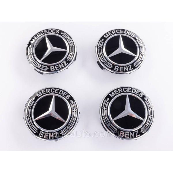 Caps plugs for alloy wheels Mercedes Benz Mercedes 75 mm black, chrome emblem A1714000025
