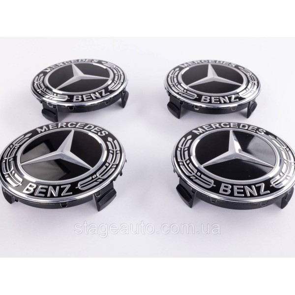 Caps plugs for alloy wheels Mercedes Benz Mercedes 75 mm black, chrome emblem A1714000025