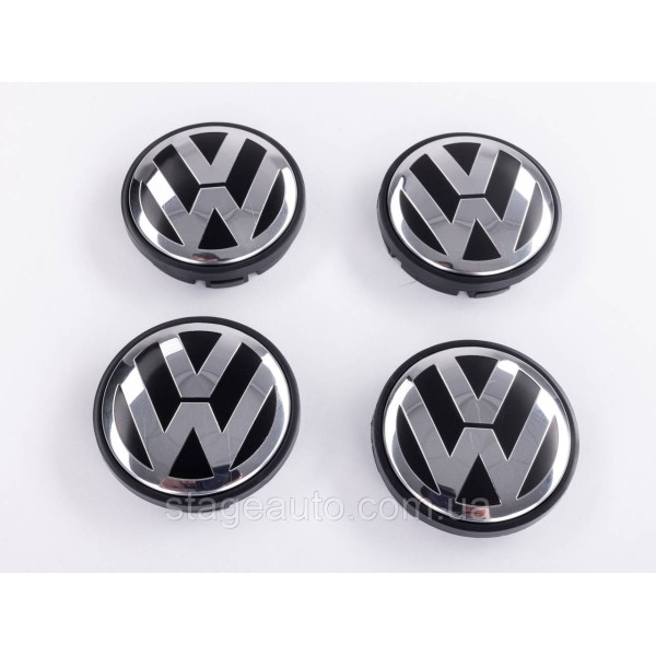 Caps plugs for alloy wheels VW Volkswagen 56 mm black, chrome logo 1J0601171 set