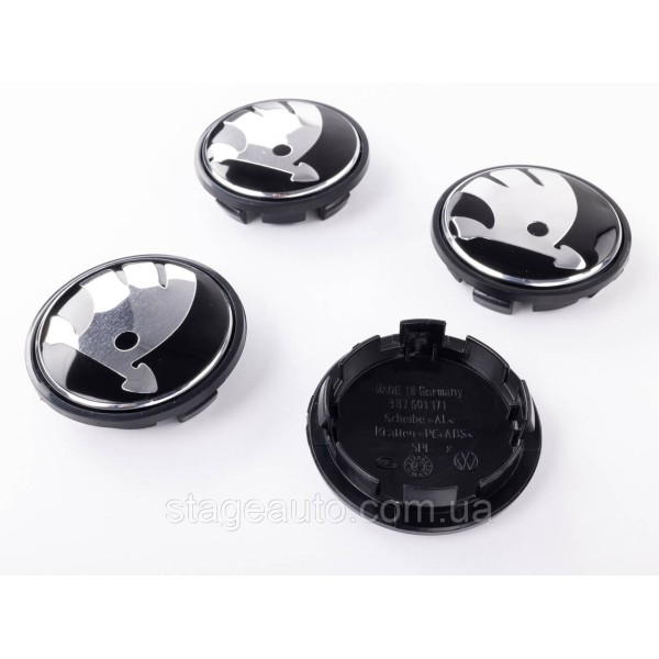 Caps plugs for alloy wheels Skoda Skoda 65 mm black, chrome logo 3B7 601 171 set