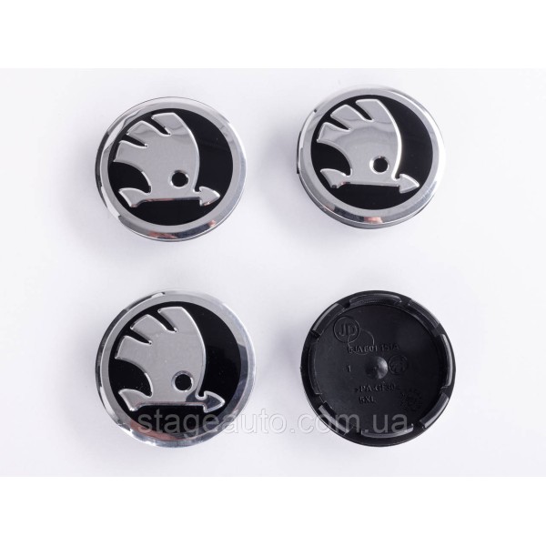 Caps plugs for alloy wheels Skoda Skoda 56 mm black, chrome logo 5JA601151A set