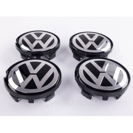 Caps plugs for alloy wheels VW Volkswagen 63 mm black, chrome logo 7D0601165, 7M7601165 set