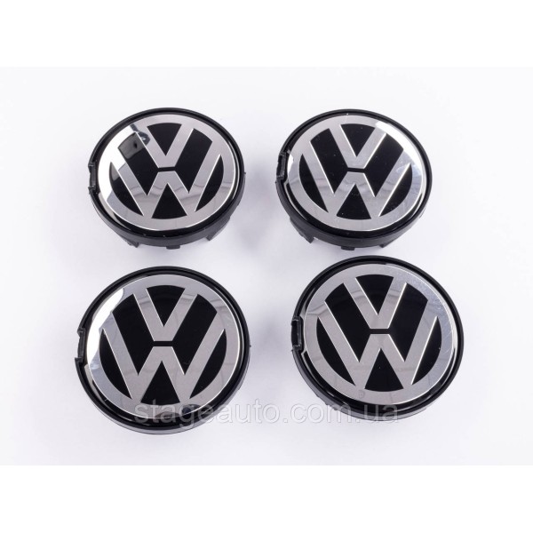 Caps plugs for alloy wheels VW Volkswagen 63 mm black, chrome logo 7D0601165, 7M7601165 set