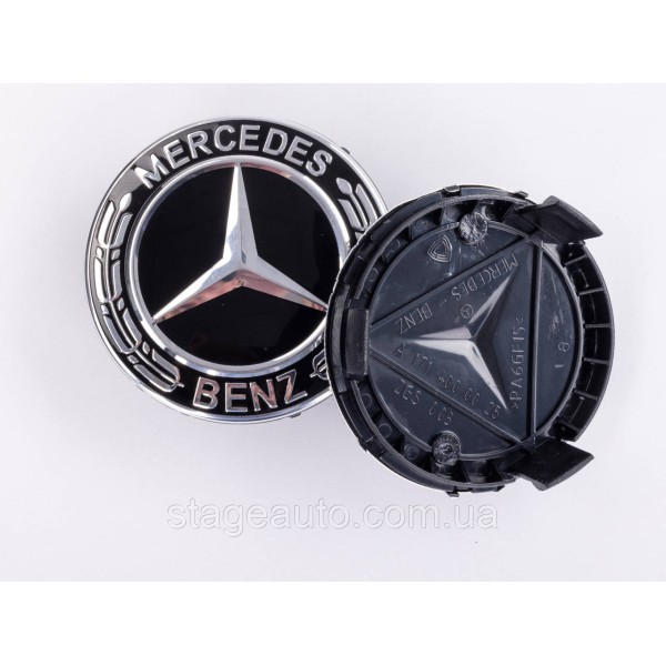 Колпачки заглушки на литые диски Mercedes Benz Мерседес 75 мм черные, хром герб A1714000025