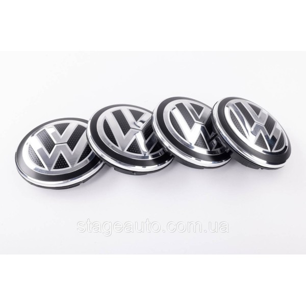 Caps plugs for alloy wheels VW Volkswagen 65 mm black, chrome logo 5G0601171 set