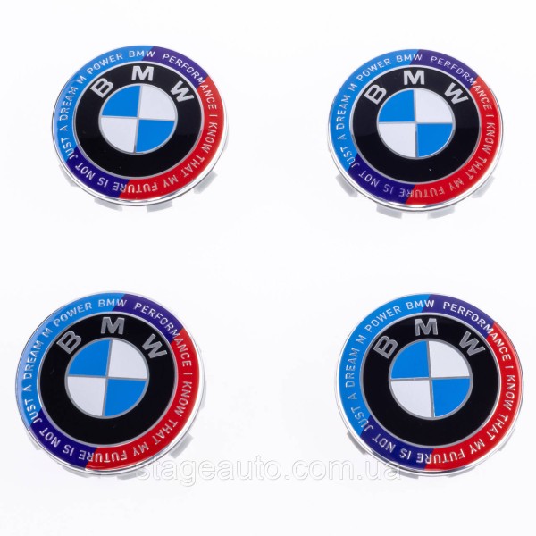 Caps plugs for alloy wheels Anniversary 50 years of BMW BMW Motorsport inscription around the circle Tricolor 68 mm