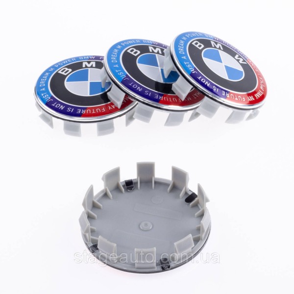 Caps plugs for alloy wheels Anniversary 50 years of BMW BMW Motorsport inscription around the circle Tricolor 68 mm