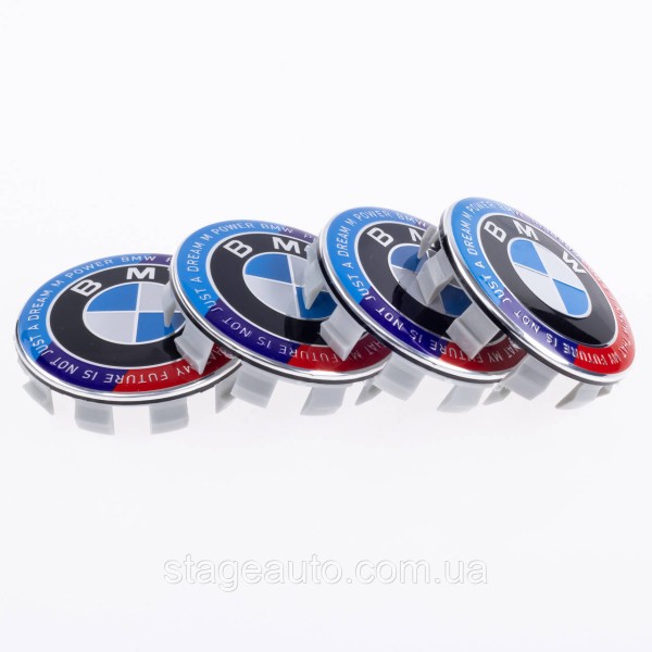 Caps plugs for alloy wheels Anniversary 50 years of BMW BMW Motorsport inscription around the circle Tricolor 68 mm