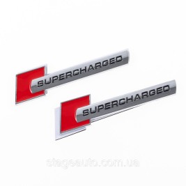 Эмблема шильдик на крылья, надпись значок на крыло Audi Ауди Supercharged Суперчарджед Красный+хром пара 2шт