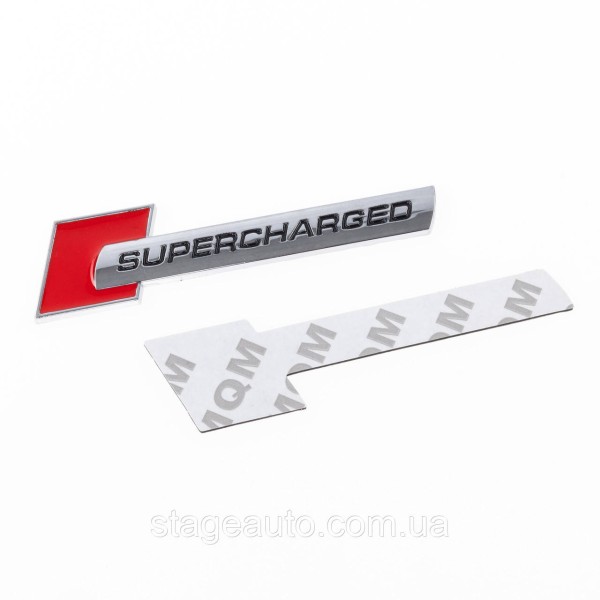 Эмблема шильдик на крылья, надпись значок на крыло Audi Ауди Supercharged Суперчарджед Красный+хром пара 2шт
