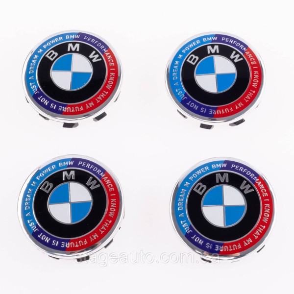 Caps plugs for alloy wheels Anniversary 50 years of BMW BMW Motorsport inscription around the circle Tricolor 56 mm