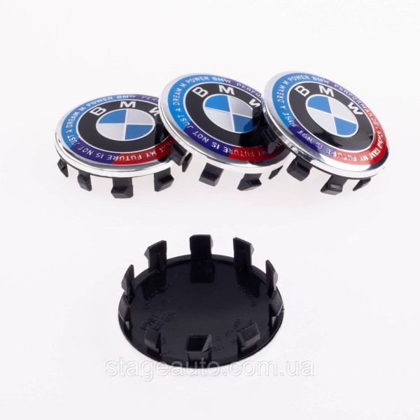 Caps plugs for alloy wheels Anniversary 50 years of BMW BMW Motorsport inscription around the circle Tricolor 56 mm