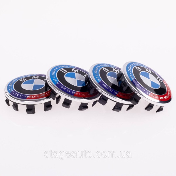 Caps plugs for alloy wheels Anniversary 50 years of BMW BMW Motorsport inscription around the circle Tricolor 56 mm
