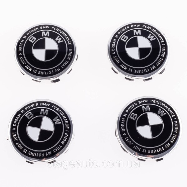 Caps plugs for alloy wheels Anniversary 50 years of BMW BMW Motorsport inscription around the circle Black and white 56 mm
