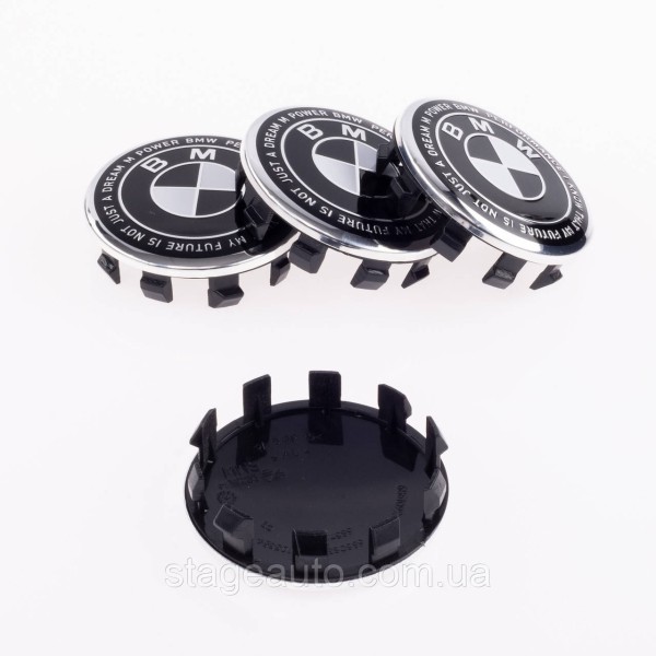 Caps plugs for alloy wheels Anniversary 50 years of BMW BMW Motorsport inscription around the circle Black and white 56 mm