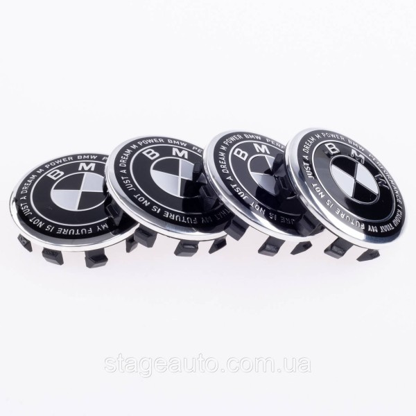 Caps plugs for alloy wheels Anniversary 50 years of BMW BMW Motorsport inscription around the circle Black and white 56 mm