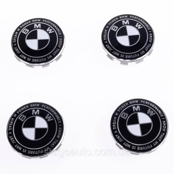Caps plugs for alloy wheels Anniversary 50 years of BMW BMW Motorsport inscription around the circle Black and white 68 mm
