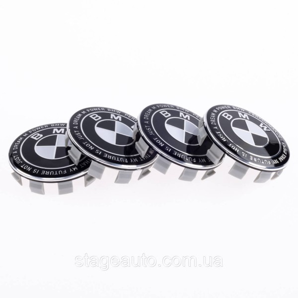 Caps plugs for alloy wheels Anniversary 50 years of BMW BMW Motorsport inscription around the circle Black and white 68 mm
