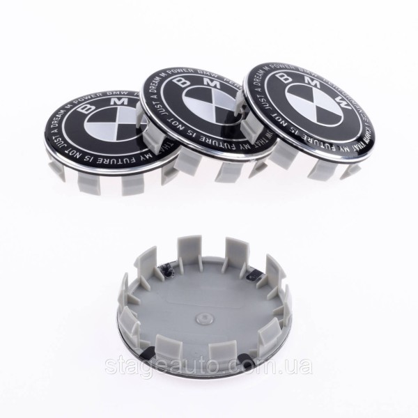 Caps plugs for alloy wheels Anniversary 50 years of BMW BMW Motorsport inscription around the circle Black and white 68 mm
