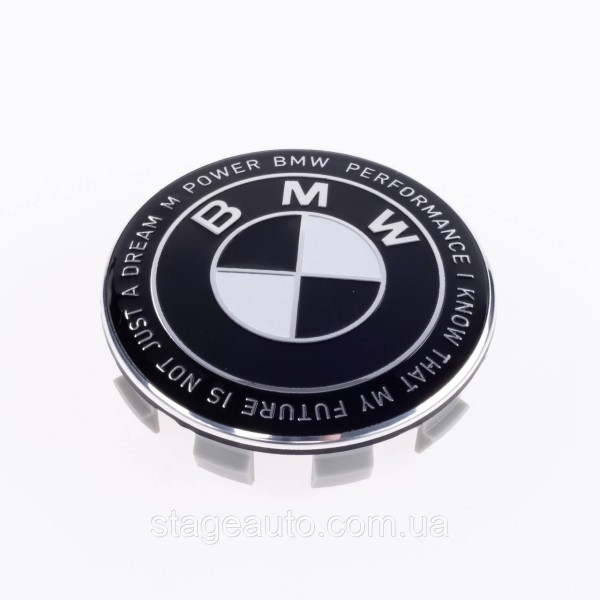 Ковпачок заглушка в литі диски Ювілейні 50 років BMW БМВ Motorsport напис по колу Чорно білий 68 мм