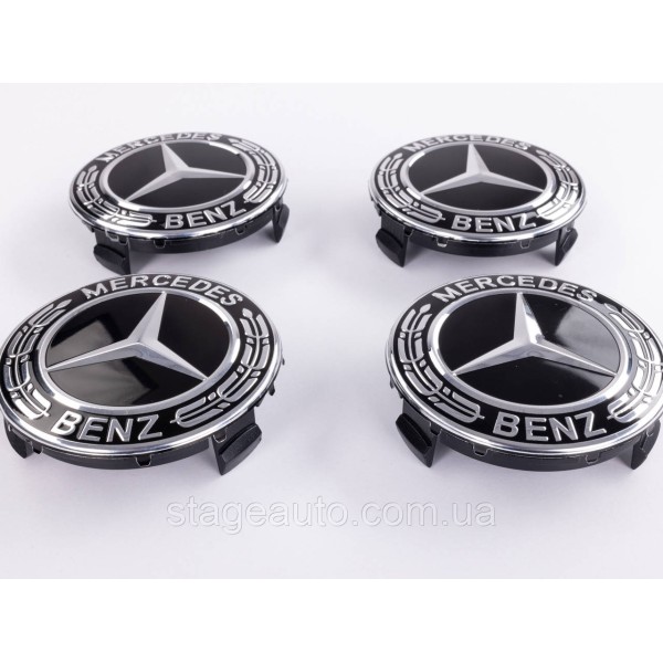 Колпачки заглушки на литые диски Mercedes Benz Мерседес 75 мм черные, хром герб A1714000025