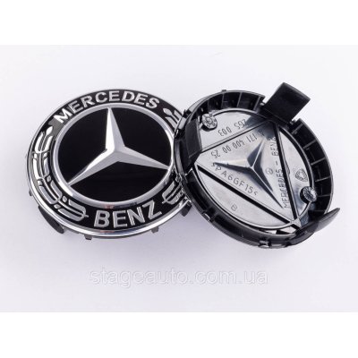 Колпачки заглушки на литые диски Mercedes Benz Мерседес 75 мм черные, хром герб A1714000025