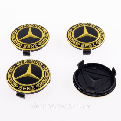 Колпачки заглушки на литые диски Mercedes Benz Мерседес 75 мм черные, золотой герб