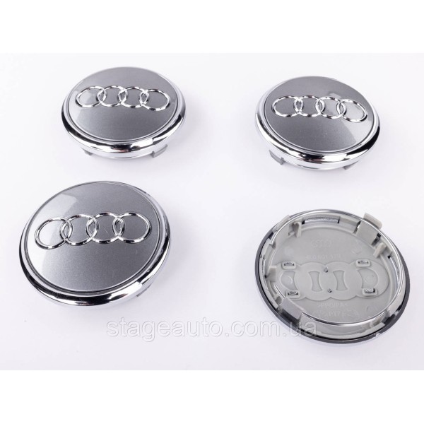 Колпачки заглушки в литые диски Audi Ауди 77 мм Серые, хром ободок 4L0601170 комплект