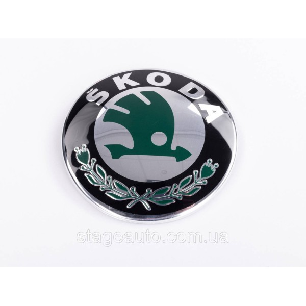 Эмблема значок на капот, багажник Skoda Шкода зеленый 88мм Octavia A5, Fabia 2, Superb 1