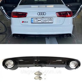 Диффузор с насадками в стиле RS на Audi A6 C7 2014-2018 год Черный хром насадки ( Обычный бампер )