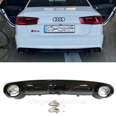 Дифузор з насадками в стилі RS на Audi A6 C7 2014-2018 рік Чорний хром насадки ( Звичайний бампер)