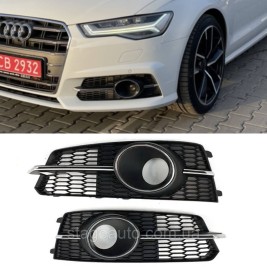 Решетки переднего бампера под дистроник в стиле S-Line на Audi A6 C7 2014-2018 года Черные с хром вставкой