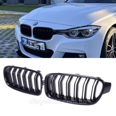 Решітка ноздрі BMW БМВ 3 series F30, F31 Чорний Глянець 2 ребра Подвійні M-Look