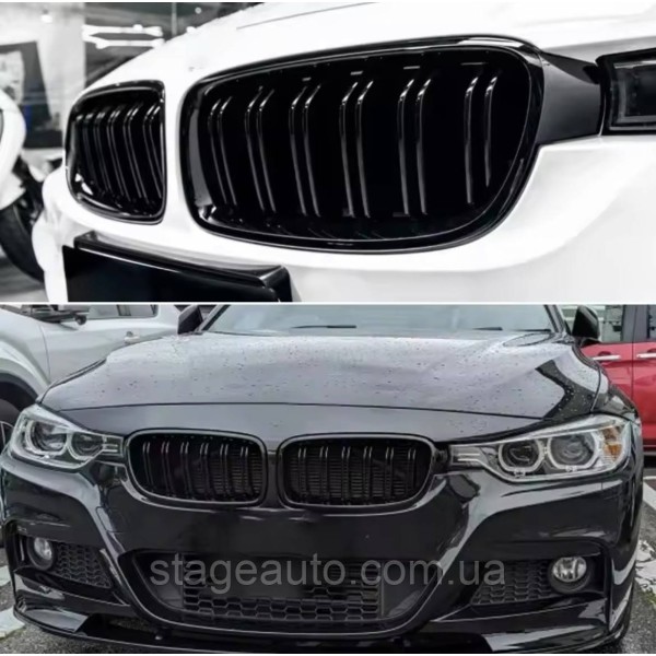 Решетка ноздри BMW БМВ 4 series F32, F33, F36, F80, F82 Черный Глянец 2 ребра Двойные M-Look