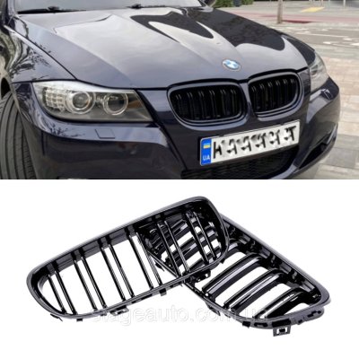 Решітка ноздрі BMW БМВ 3 series E90, E91, E92, E93 Чорний Глянець 2 ребра Подвійні M-Look