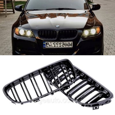 Решітка ноздрі BMW БМВ 3 series E91, E90 Чорний Глянець 2 ребра Подвійні M-Look