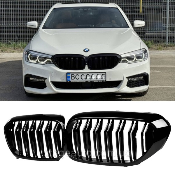 Решетка ноздри BMW БМВ 5 series G30, G31 2017-2020 Черный Глянец 2 ребра Двойные M-Look