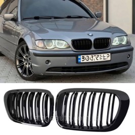 Решетка ноздри BMW БМВ 3 series E46 FL седан,универсал Черный Глянец 2 ребра Двойные M-Look