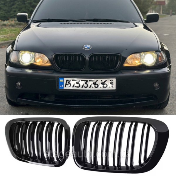 Решетка ноздри BMW БМВ 3 series E46 FL универсал,седан Черный Глянец 2 ребра Двойные M-Look