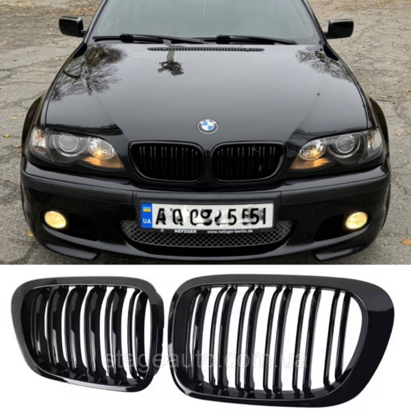 Решетка ноздри BMW БМВ 3 series E46 FL универсал,седан Черный Глянец 2 ребра Двойные M-Look