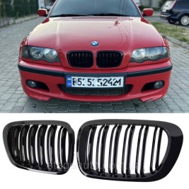 Решетка ноздри BMW БМВ 3 series E46 седан,универсал Черный Глянец 2 ребра Двойные M-Look