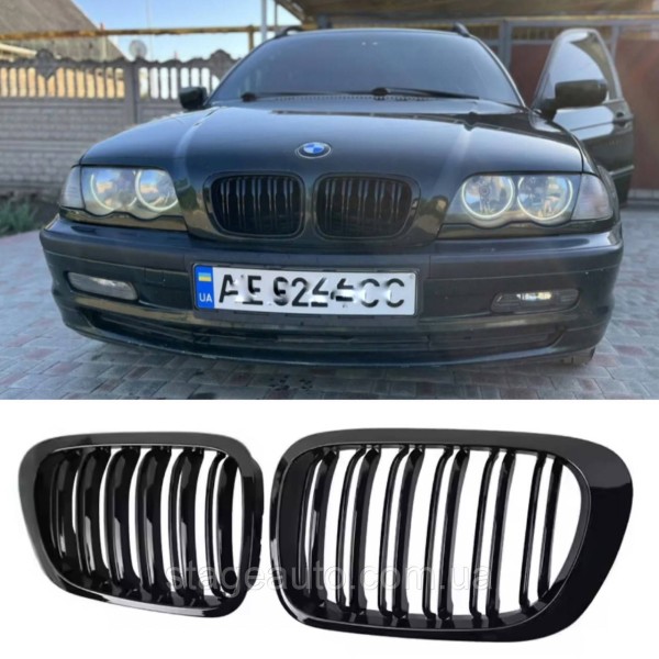 Решетка ноздри BMW БМВ 3 series E46 универсал,седан Черный Глянец 2 ребра Двойные M-Look