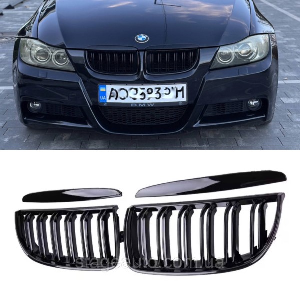 Решетка ноздри BMW БМВ 3 series E90 седан,универсал Черный Глянец 2 ребра Двойные M-Look